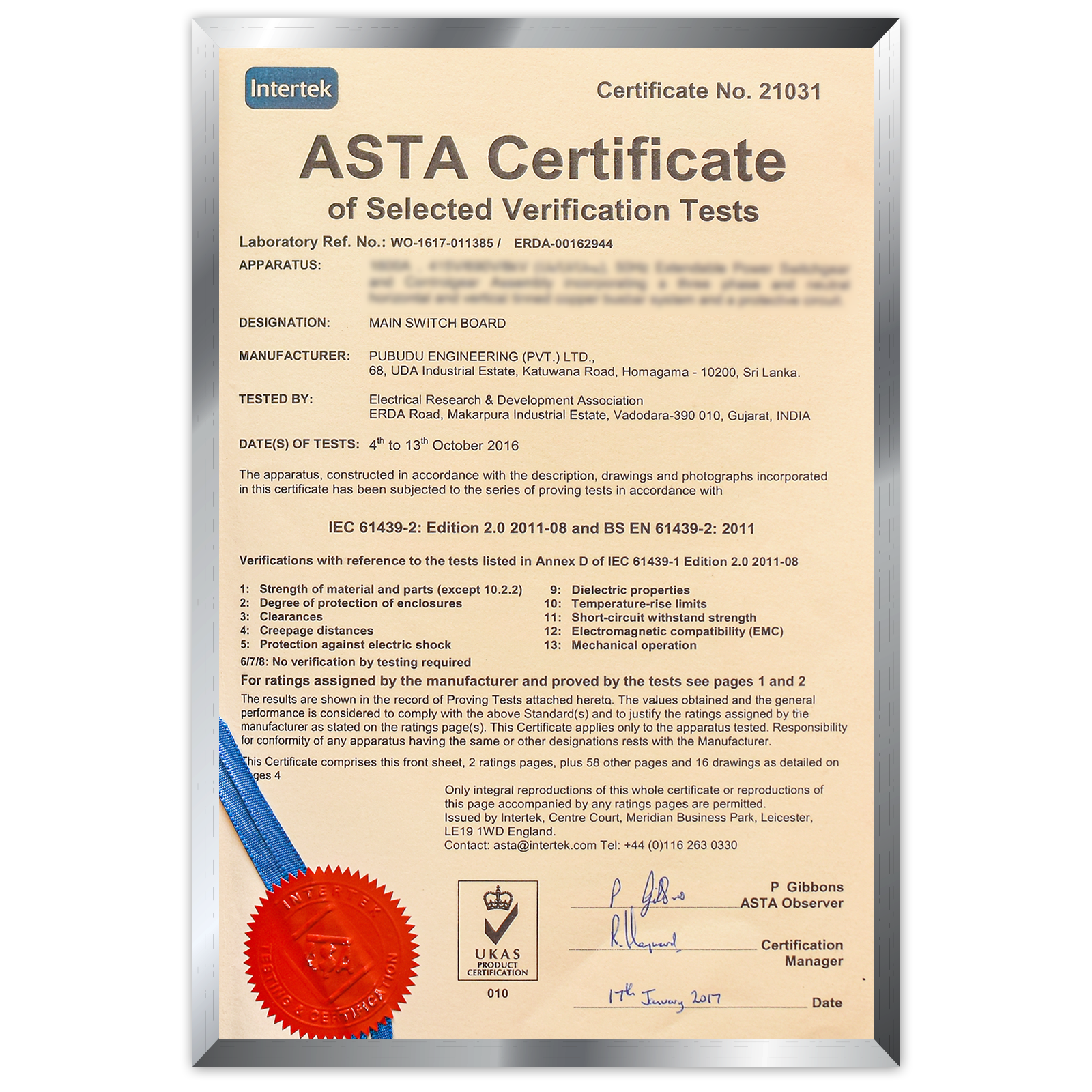 ASTA - 1600A Type Test Certificate-fr