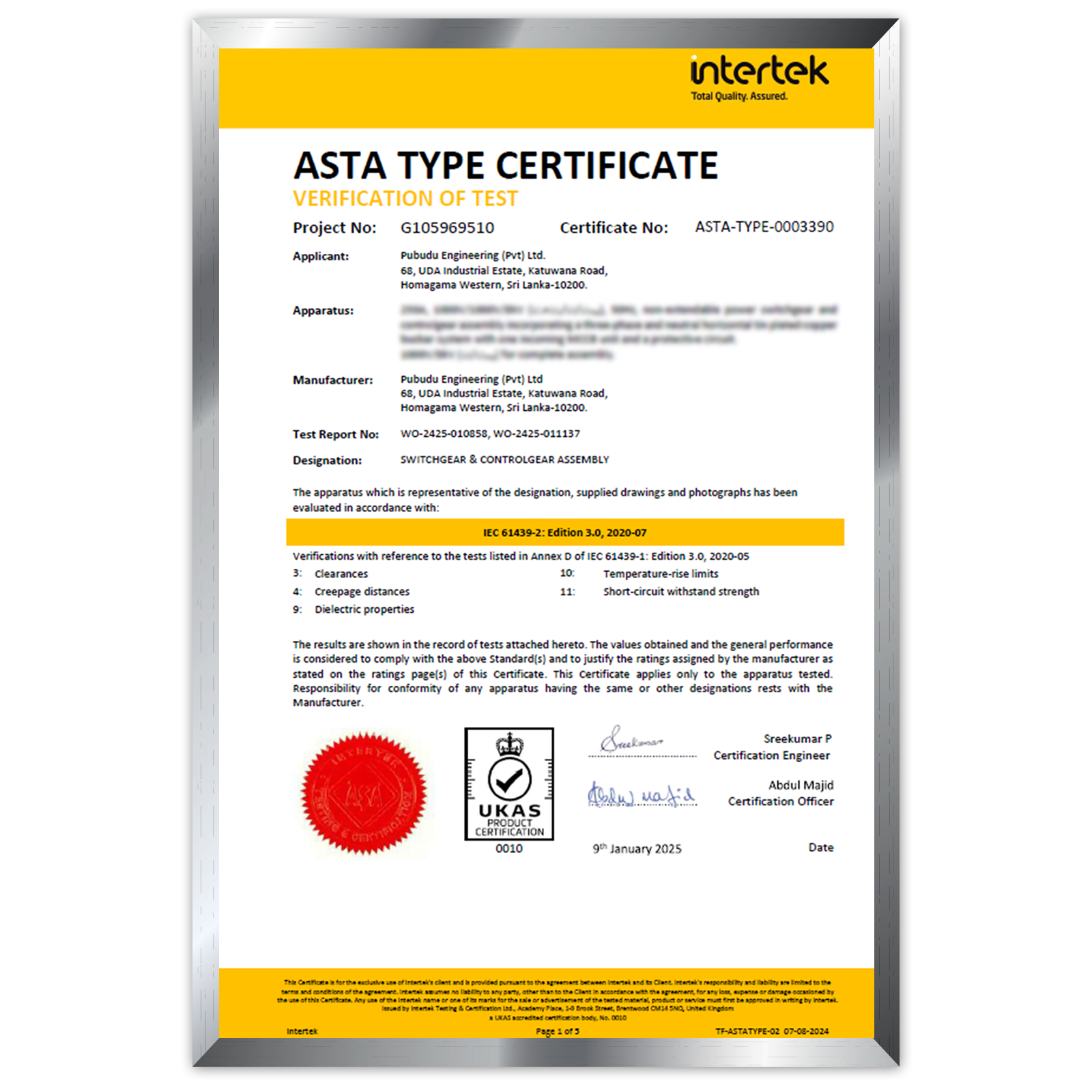 ASTA - 250A Type Test Certificate-fr