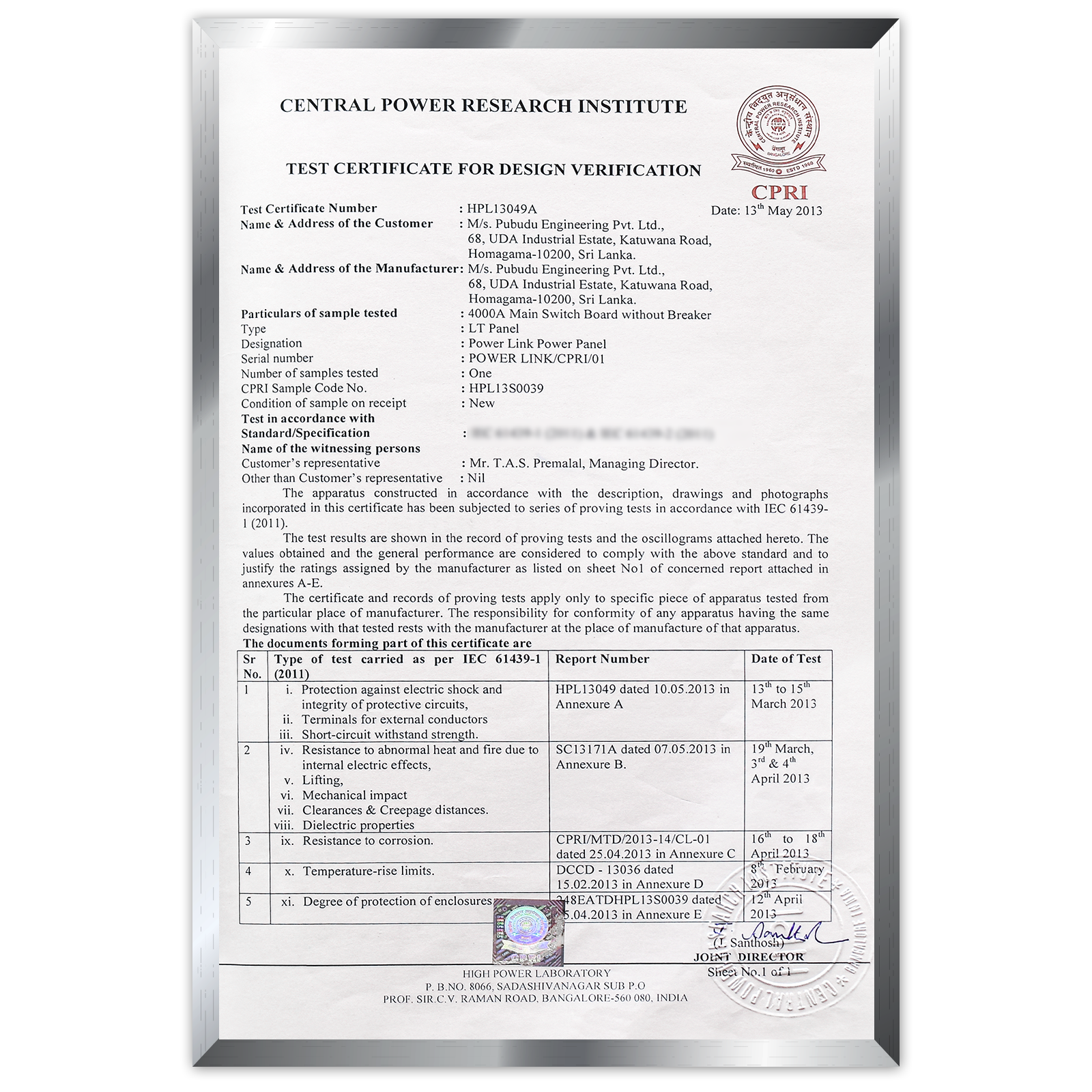 CPRI 4000A Type Test Certificate-fr