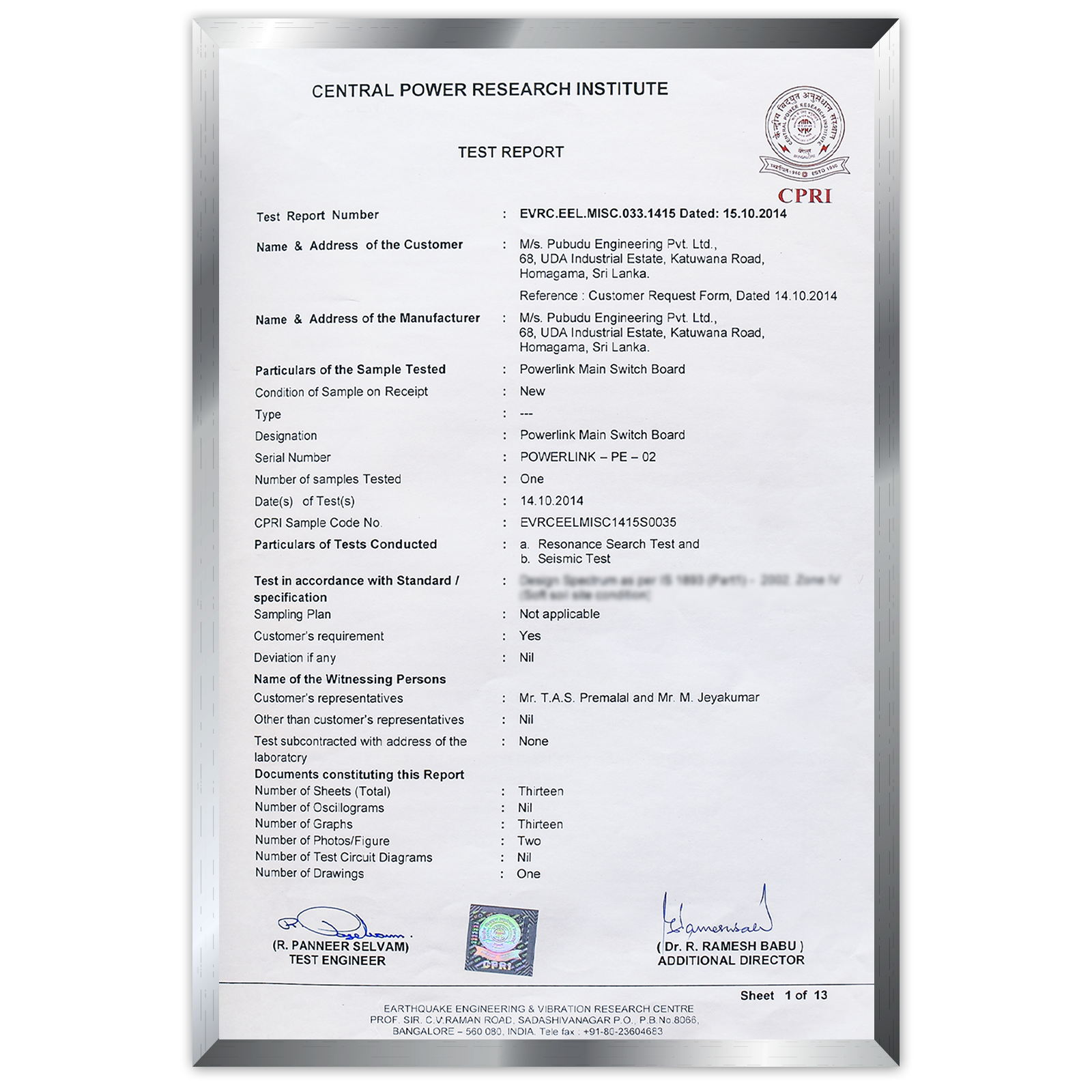 CPRI - Seismic test - Zone IV-fr