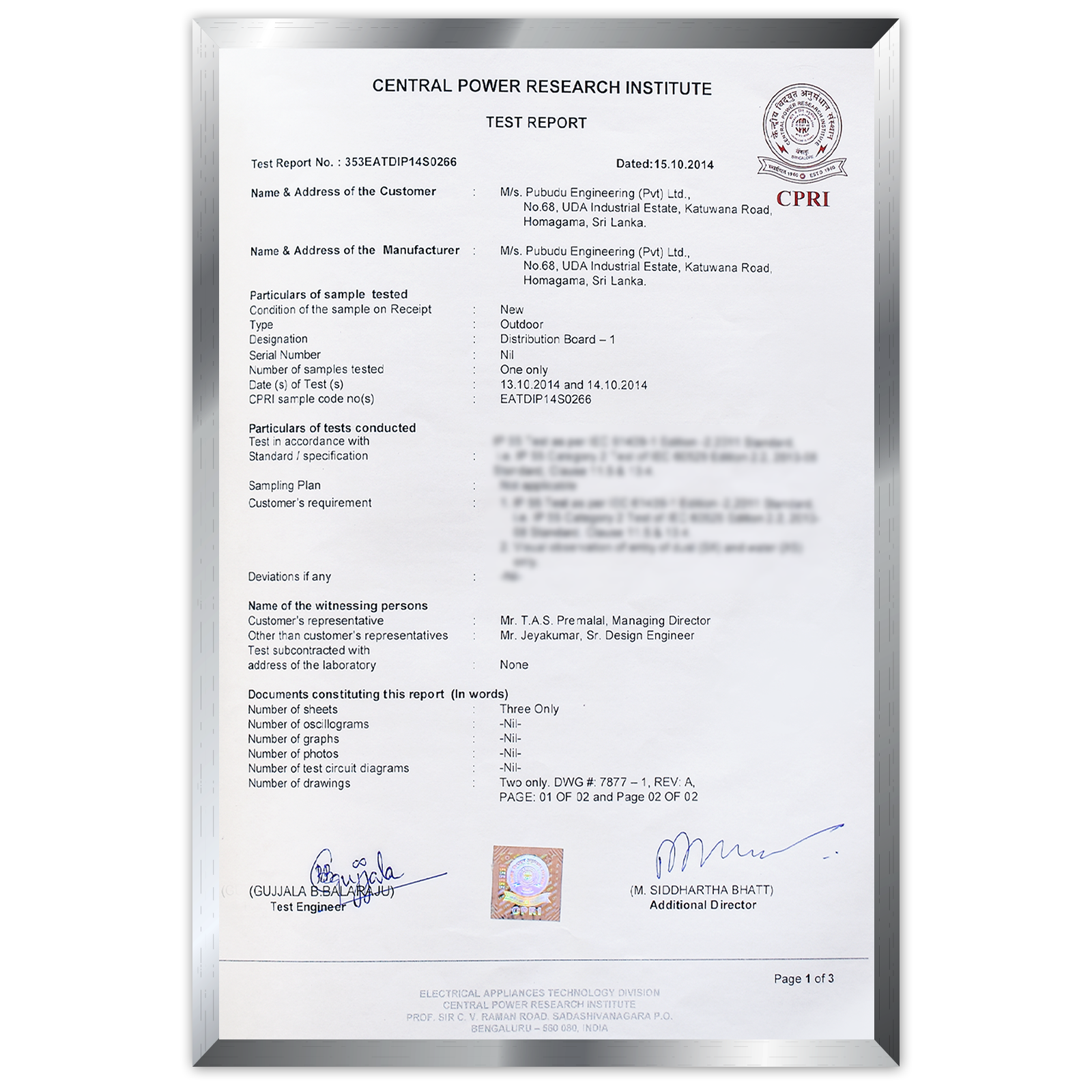 CPRI - Test Report for IP55 test-fr