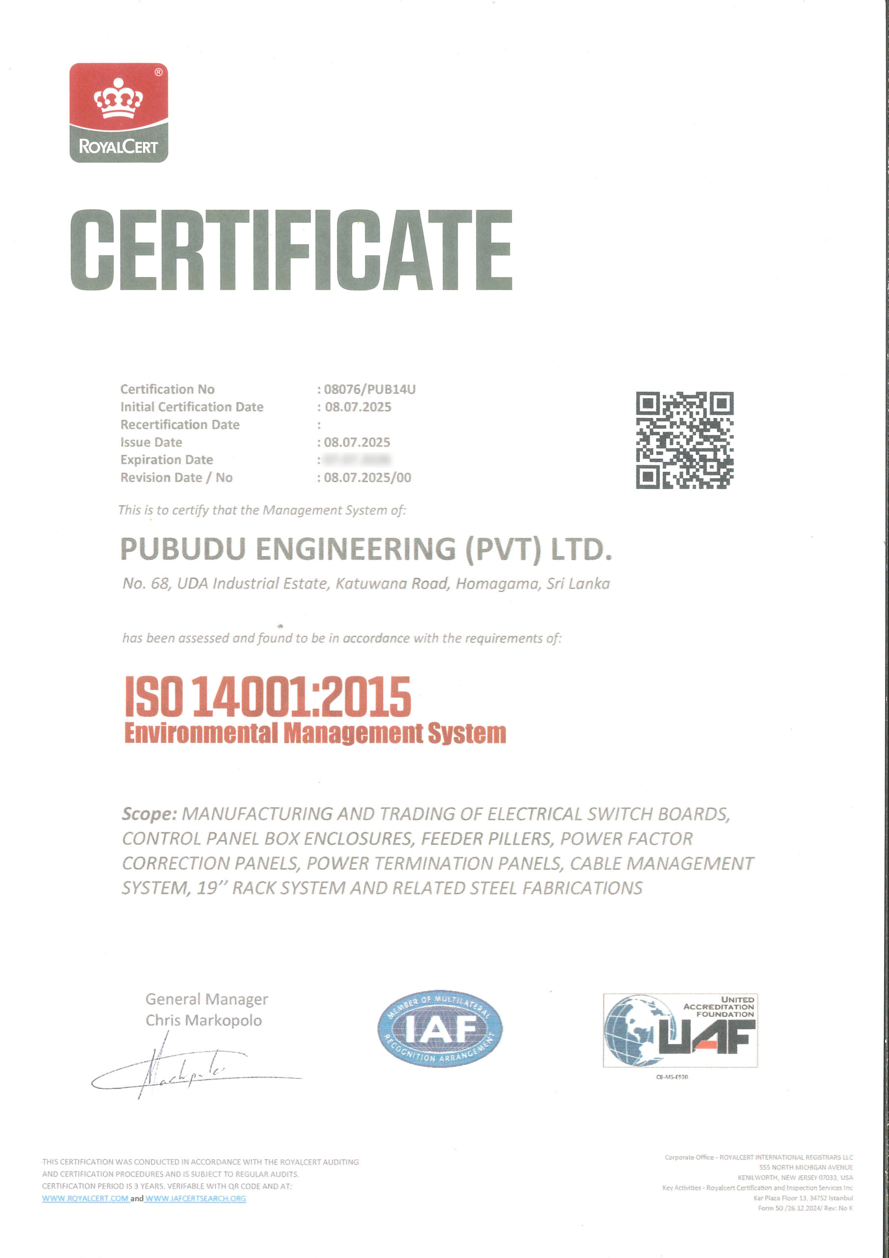 ISO Certificate 14001 2015